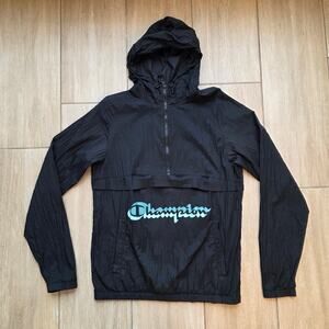 Champion Script Logo Anorak Windbreaker Jacket Mens M Black Hooded Packable